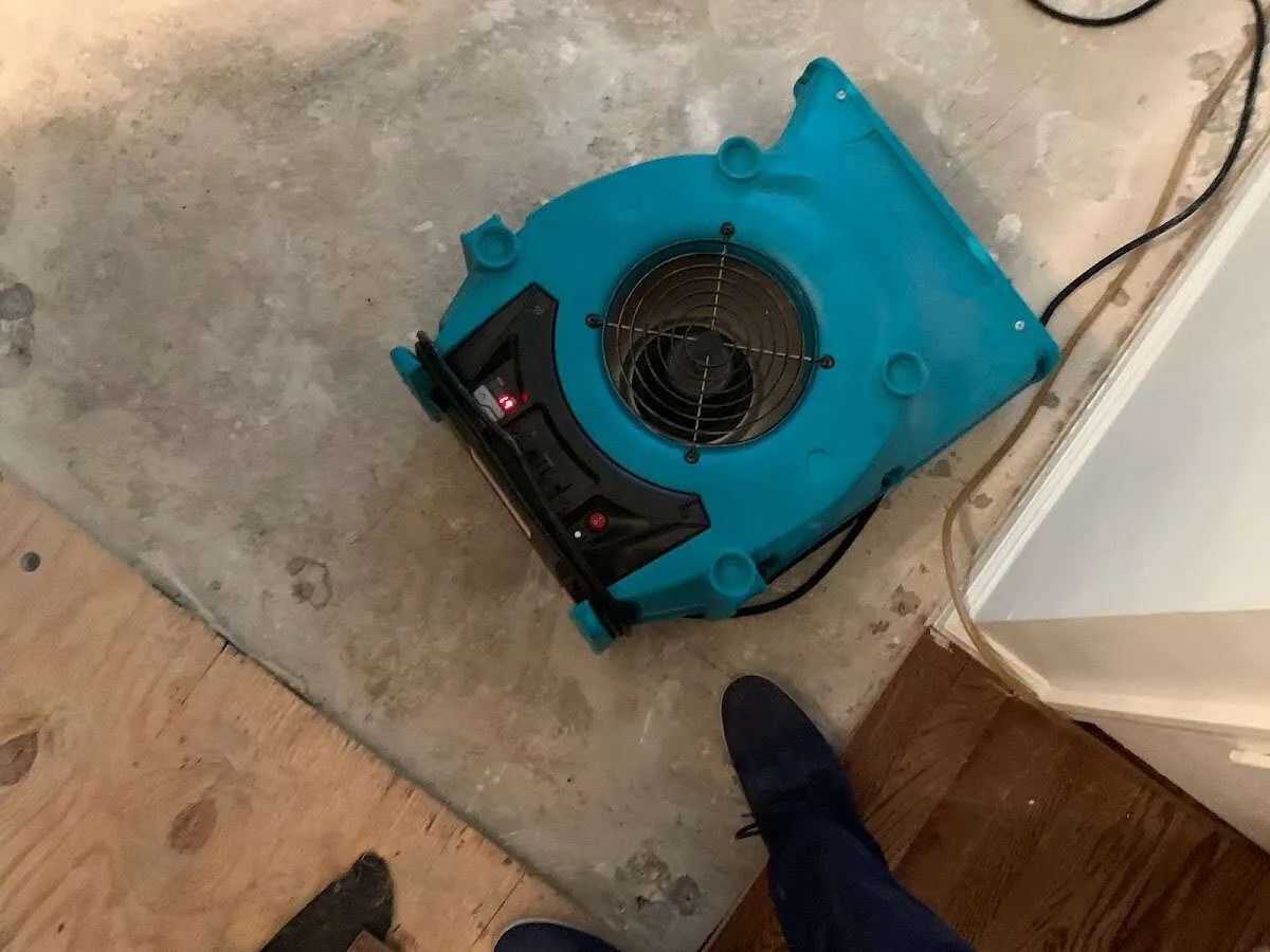 Air mover drying subfloor during Commercial Water Damage Restoration in Ketchikan